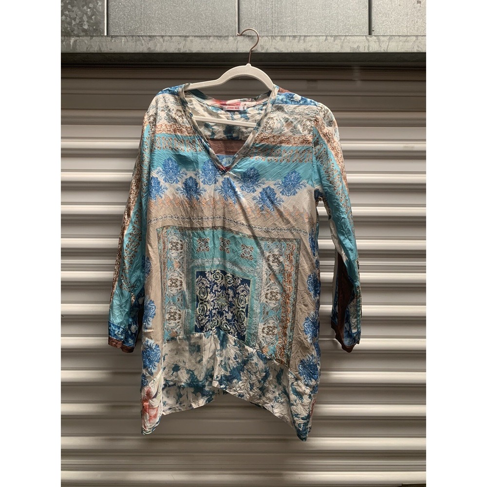 Johnny Was Light Blue Multi Color Print 100% Silk Boho Tunic Size PS